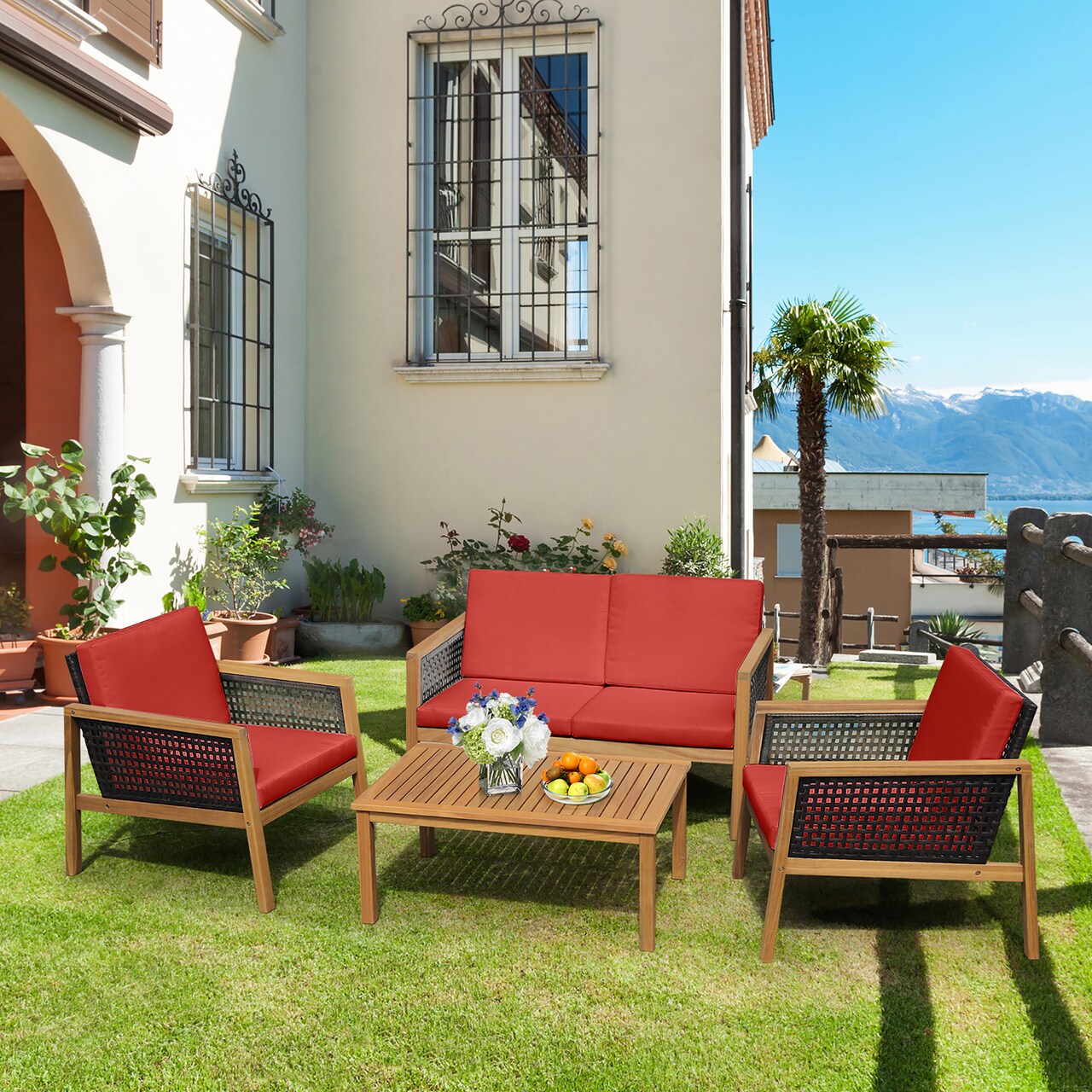 Costway 4PCS Patio Rattan Furniture Set Acacia Wood Cushioned Sofa Red